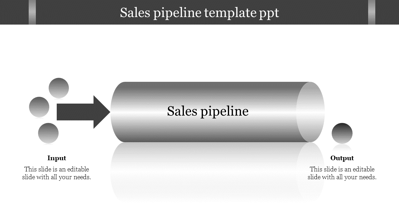 Sales pipeline slide with input items entering a cylindrical pipeline and a single output item on the right.