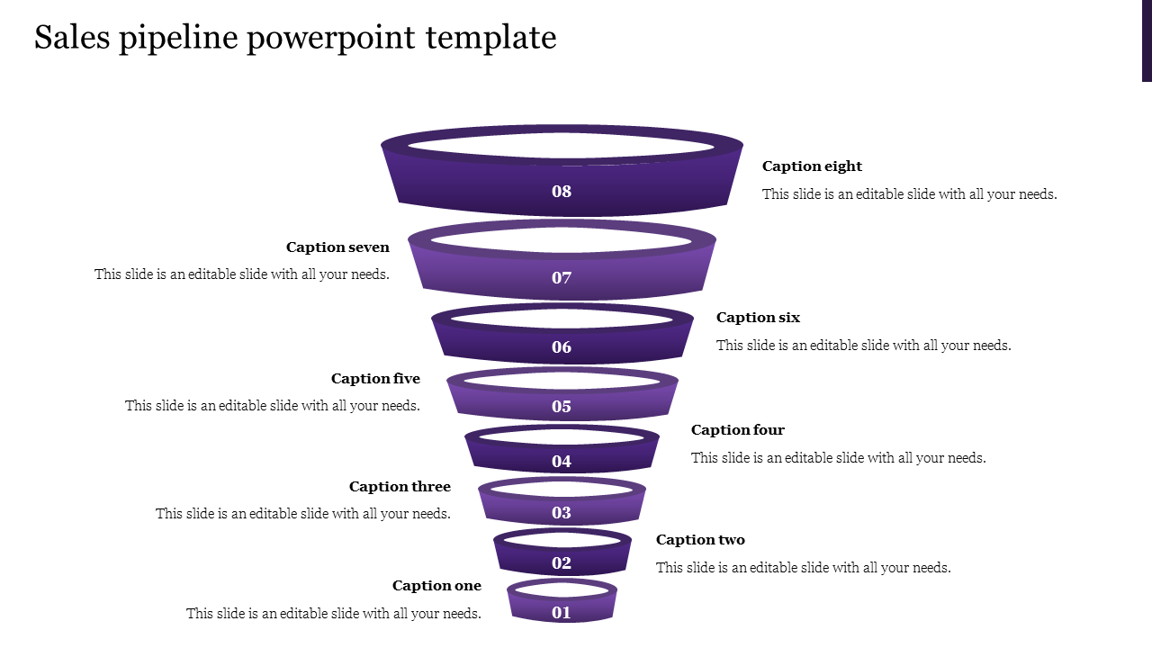 Sales pipeline PowerPoint template with multiple stages represented in a purple funnel format with captions.