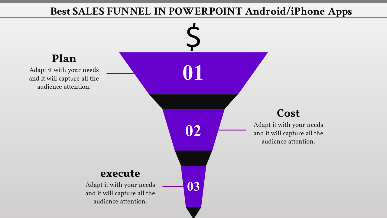 Sales funnel PowerPoint template with stages for Plan, Cost, and Execute, featuring a dollar sign at the top.