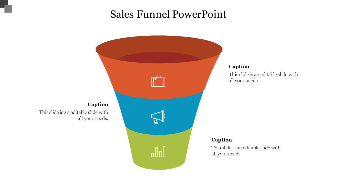 Illustrated slaes funnel with three layered sections in red, blue, and green, each paired with icons and captions.