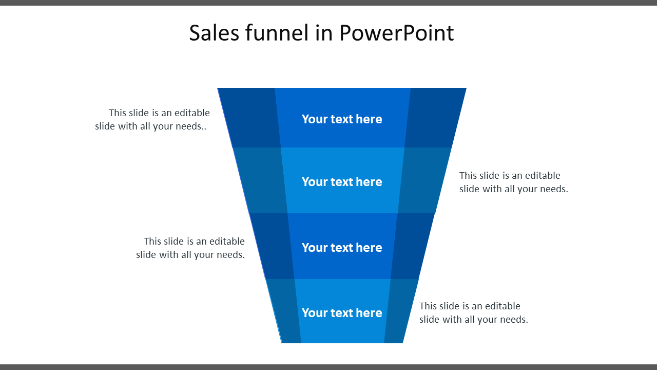 Blue funnel chart with four layers, each labeled with placeholder text and arranged vertically.