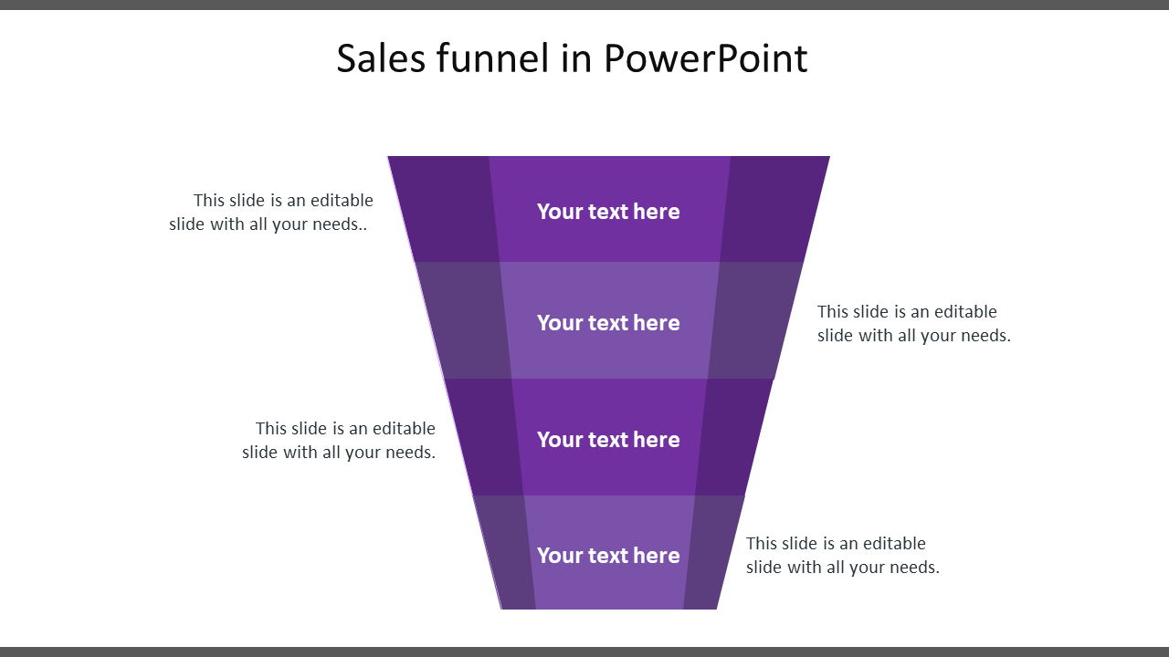 Purple sales funnel illustration with descending layers and placeholders  text on both sides.