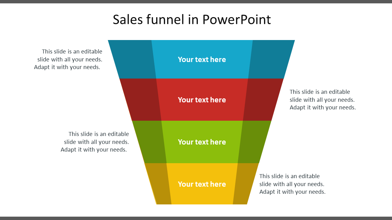 Sales funnel graphic with four layered segments in blue, red, green, and yellow, each with text placeholders.