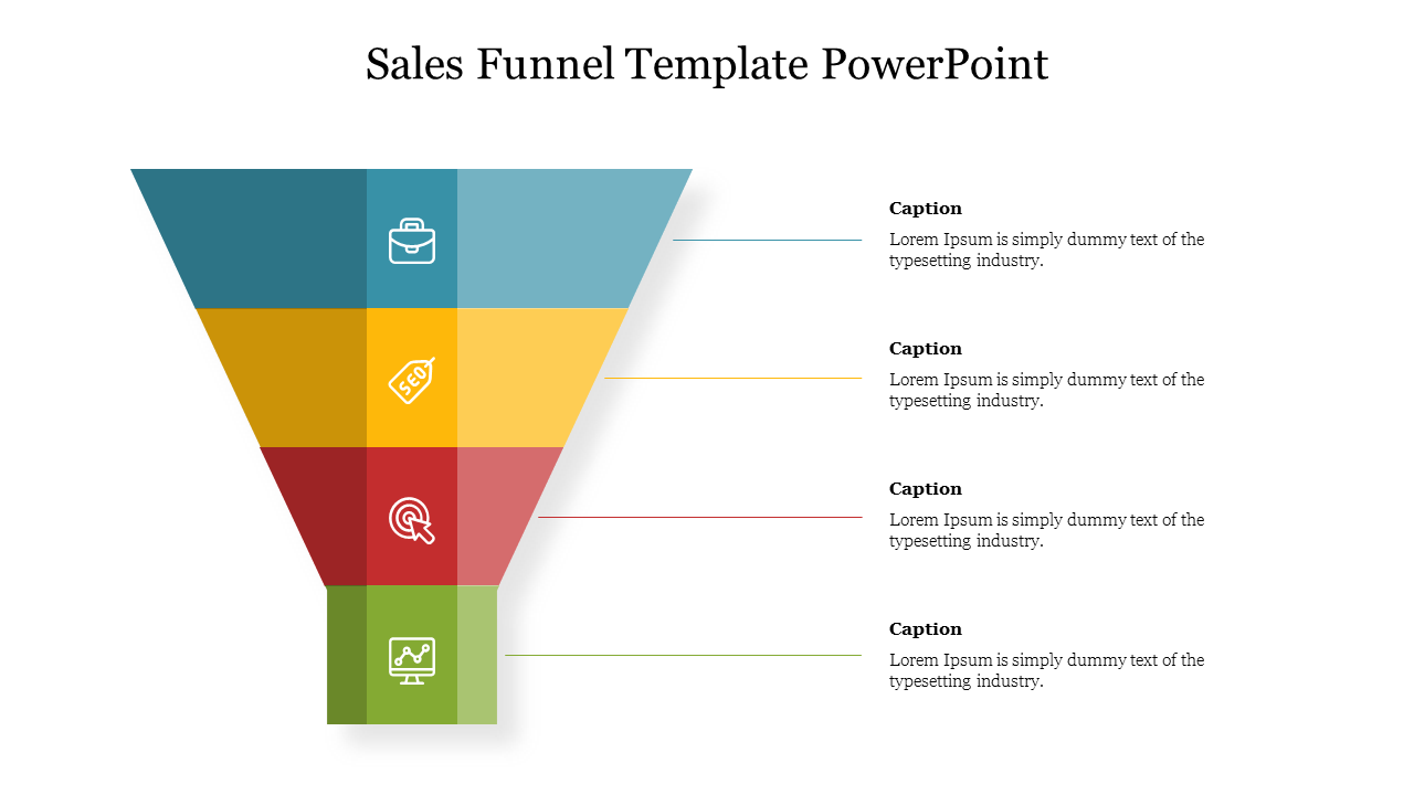 Sales funnel infographic with four colorful sections narrowing downwards, each section featuring icons, with captions areas.