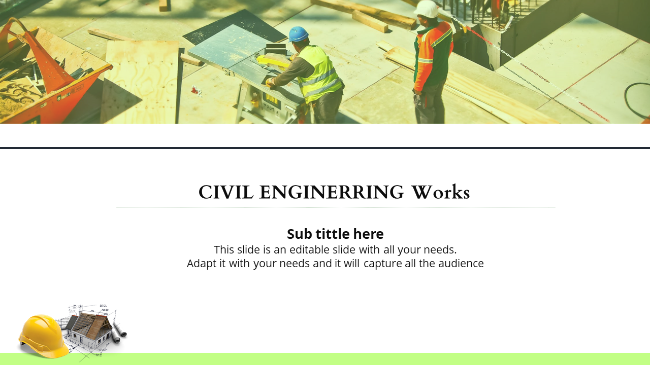 PowerPoint slide showcasing civil engineering work on a construction site with workers and equipment.