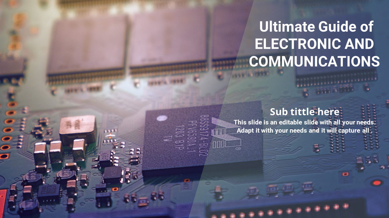 Close-up image of a circuit board with electronic components. The slide features text and space for a subtitle and content.