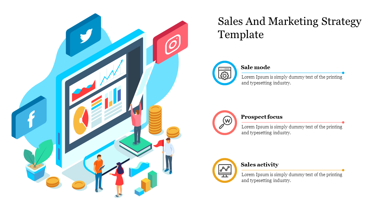 Sales marketing slide with an illustration of a laptop, social media symbols, and three descriptions of sales strategies.