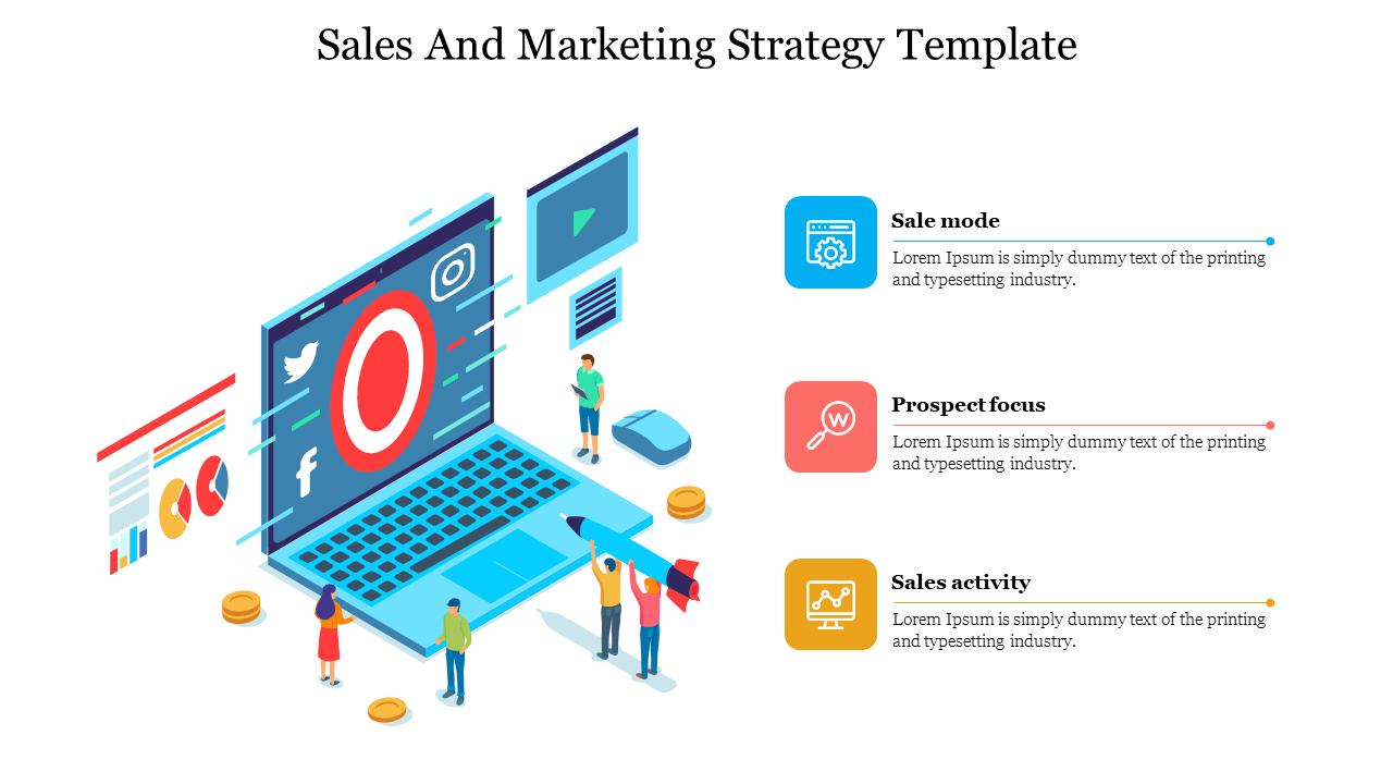 Illustration of a laptop with social media icons, charts, and small figures, alongside three text for sales strategies.