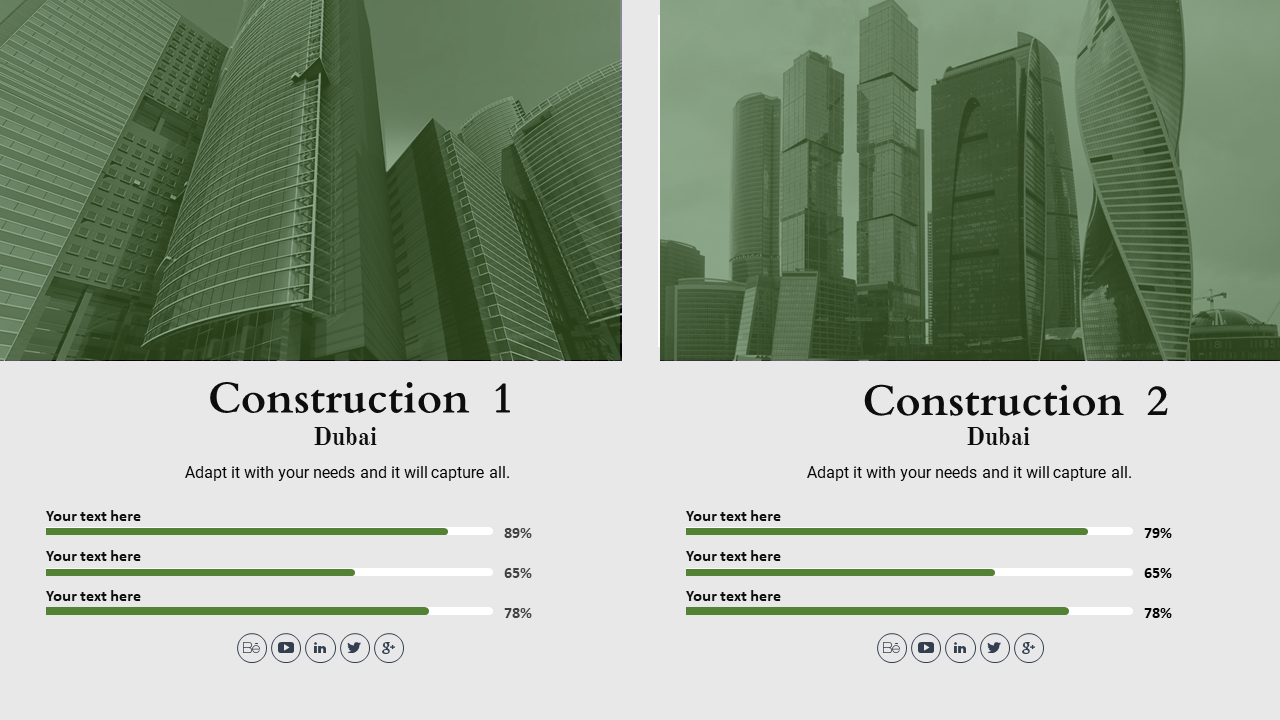 Slide comparing two construction projects in Dubai, each with its title, images of buildings, and progress indicators.