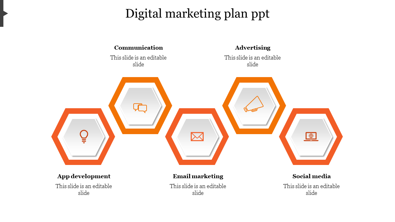 Digital marketing plan slide with five hexagonal sections from app development to social media with icons.