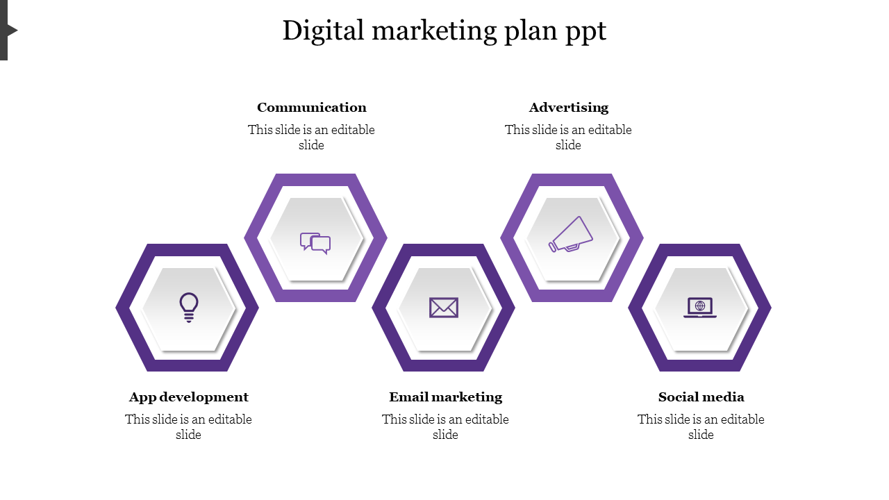 Digital marketing plan PPT slide with icons from app development to social media in purple hexagonal shapes.