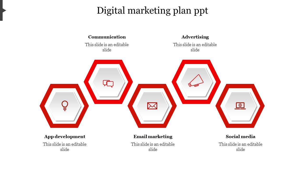 Digital marketing plan template featuring five red hexagonal icons from communication up to social media.