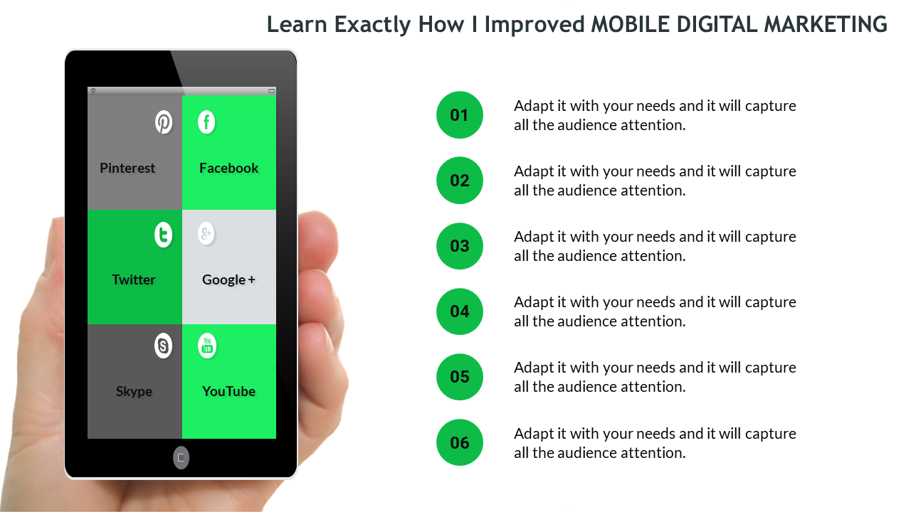 Slide featuring a hand held tablet displaying social media icons and a list of six marketing steps in green circles.