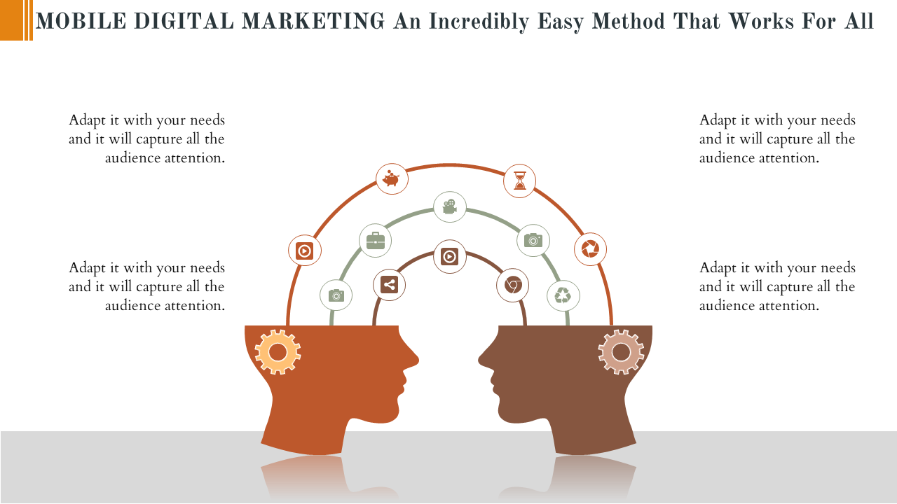 Mobile digital marketing PowerPoint template with two heads and interconnected icons representing various marketing tools.