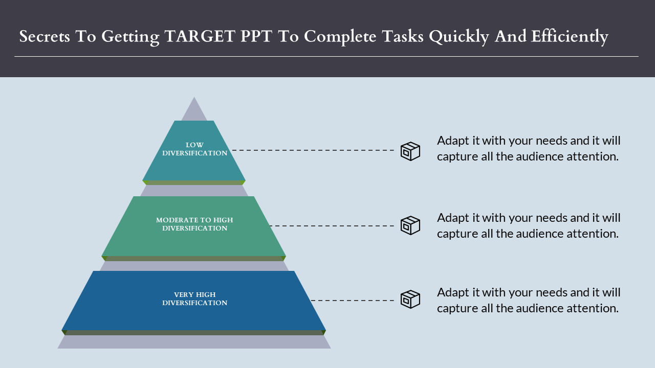 Triangular target diagram showing diversification levels with connected icons and descriptions on the right.