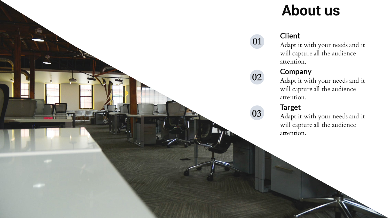 Modern office background with diagonal white overlay displaying three numbered text for about us section.