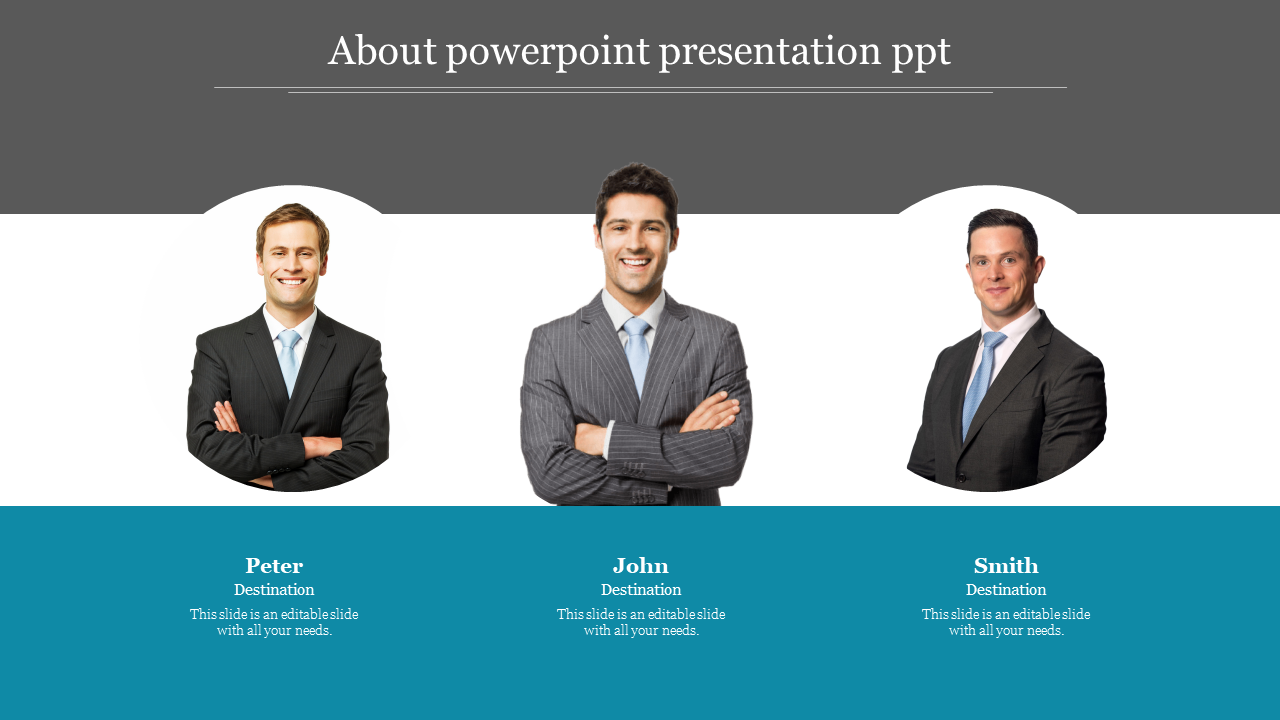 Three professional profiles displayed in circular cutouts with a gray header and blue text section below.