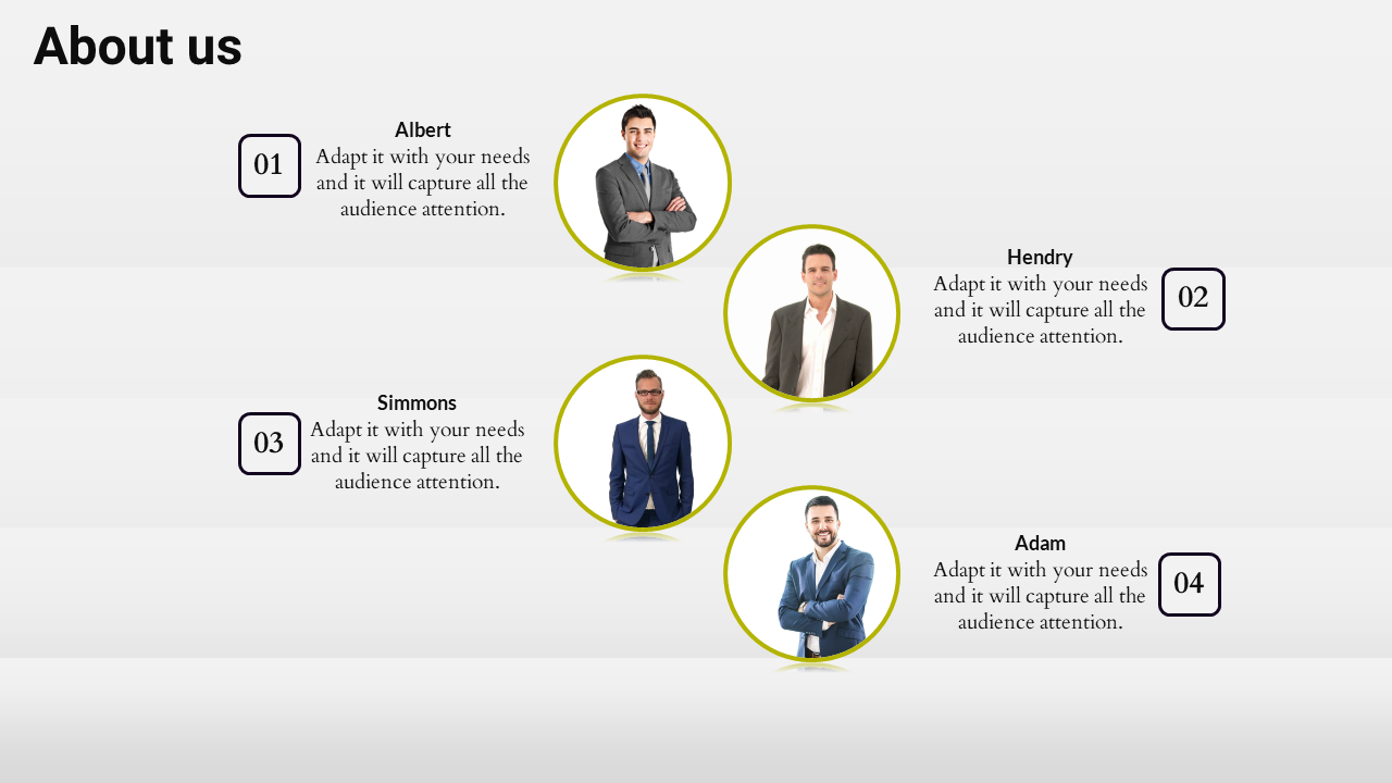 About Us PowerPoint slide featuring four professionals Albert, Hendry, Simmons, and Adam, with numbered sections.