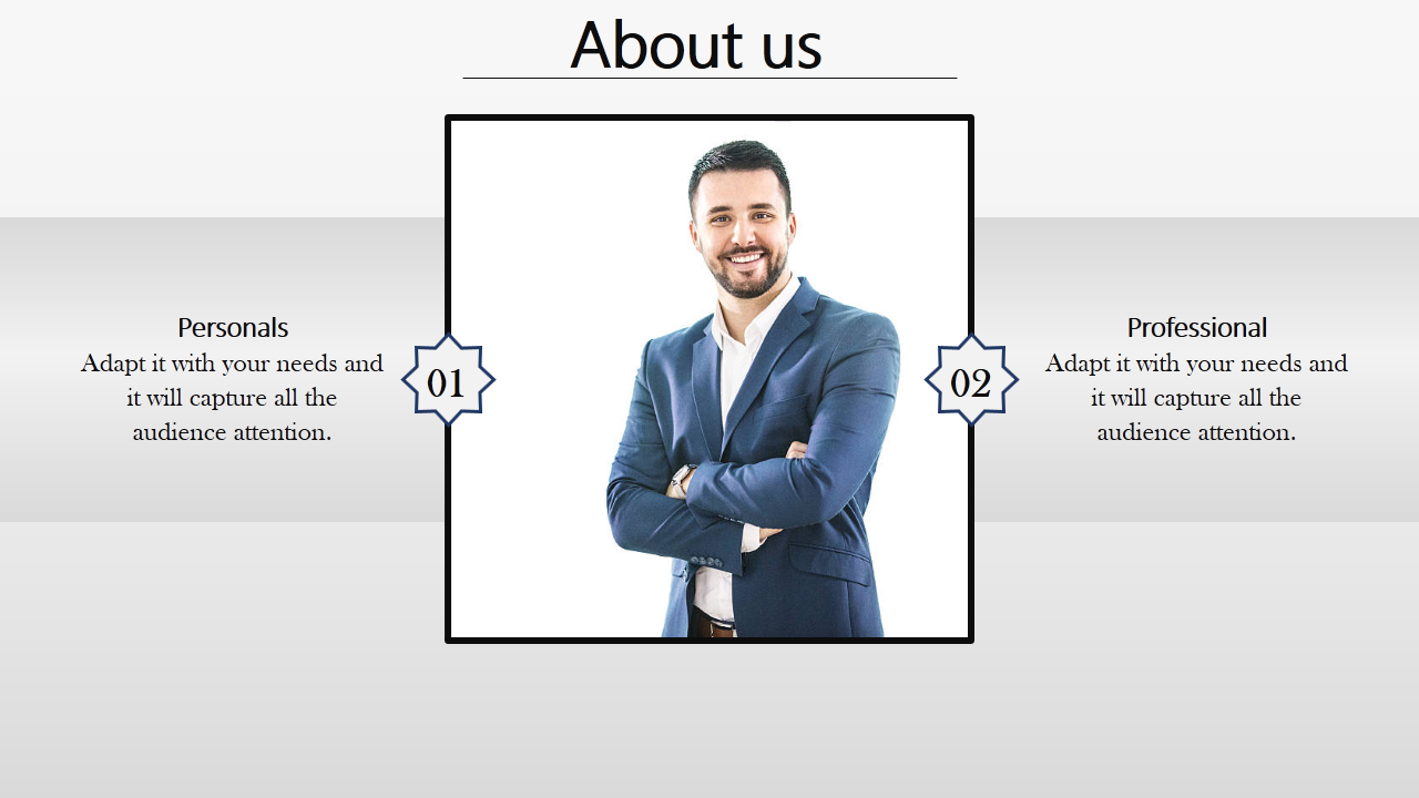 About Us slide with a central photo of a smiling man in a suit, with two sections for personal and professional details.