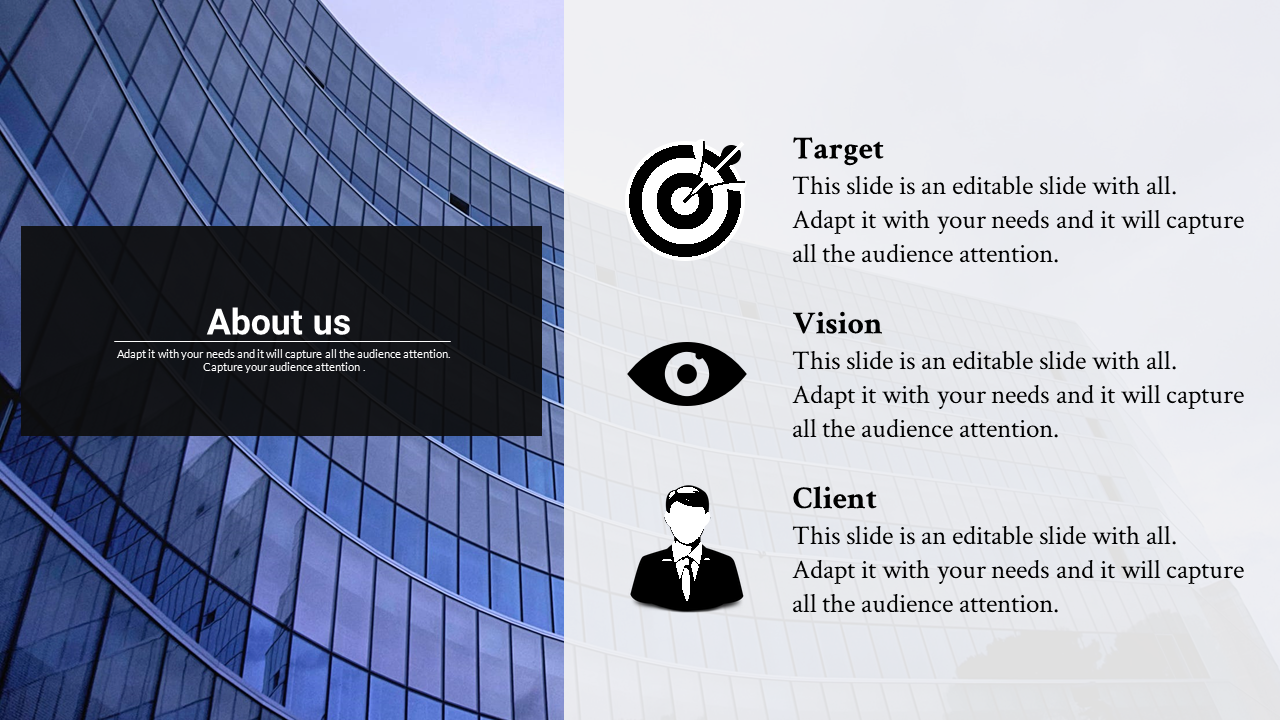 About us slide with a dark overlay on a building background, and three icons with captions on the right white section.