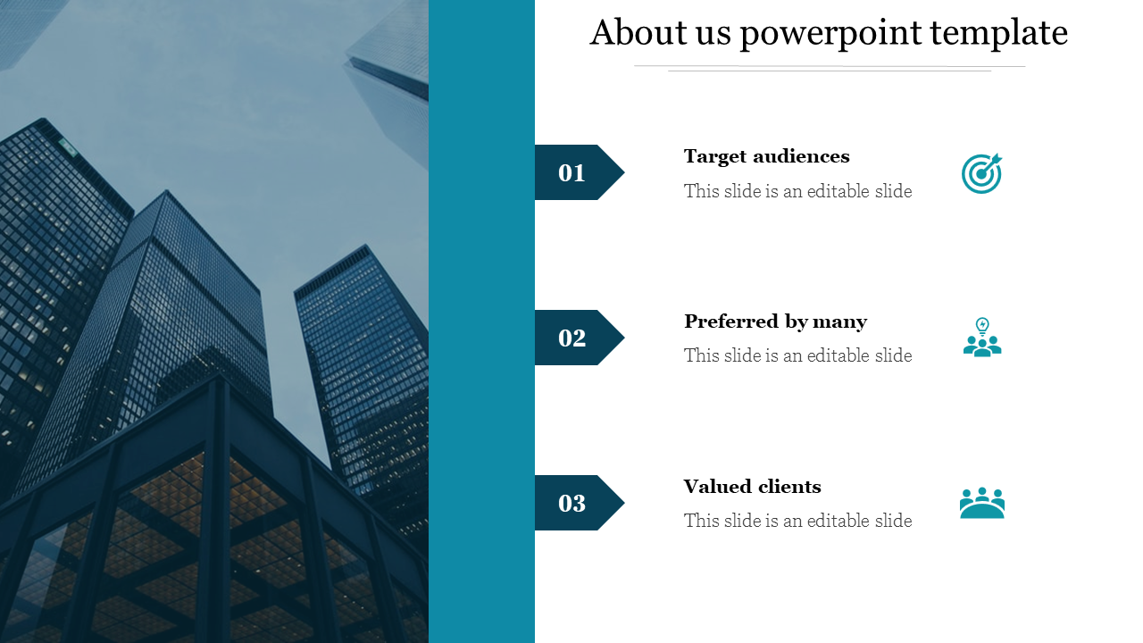 About us slide with a corporate skyscraper image with a teal sidebar and numbered sections for text placeholders.