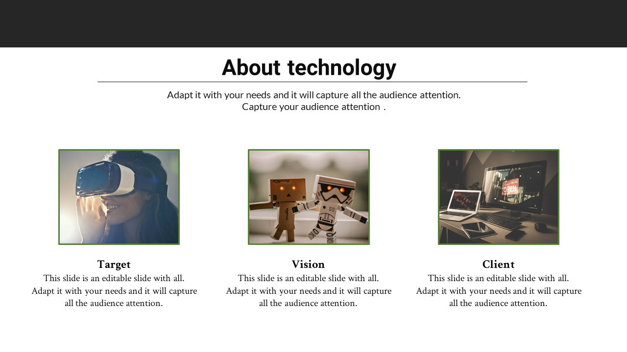 Modern layout with three images in green frames representing technology concepts, each labeled with a title and text.