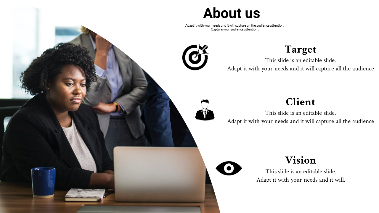 About us slide featuring a professional setting with a woman at a laptop, highlighting key sections with icons.