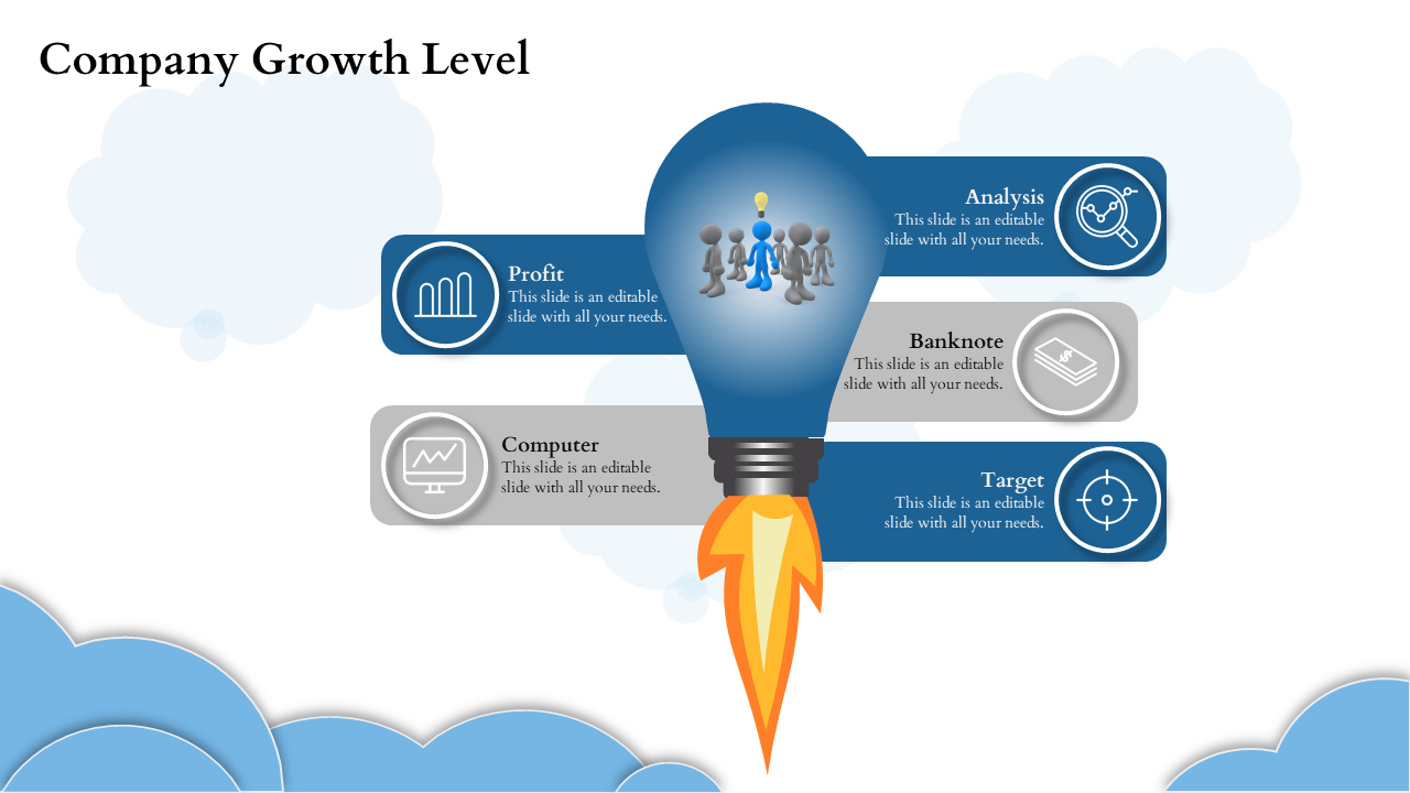 Blue lightbulb graphic with flame rocket base representing company growth, paired with five text boxes, on a cloud backdrop.