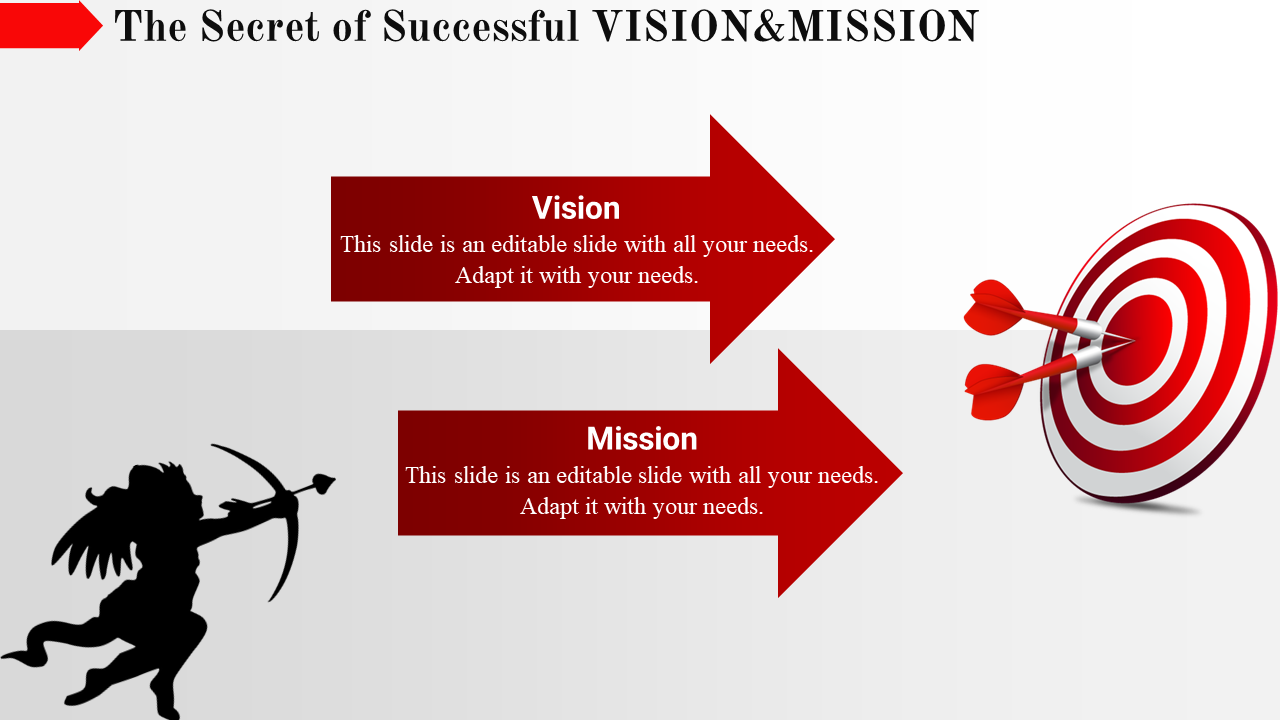 PowerPoint slide showcasing vision and mission concepts with red arrows pointing towards a target for business goals.