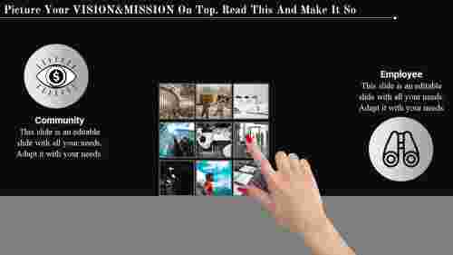 Vision and mission PPT slide with a dark theme, featuring icons for community and employee, and a central image grid.