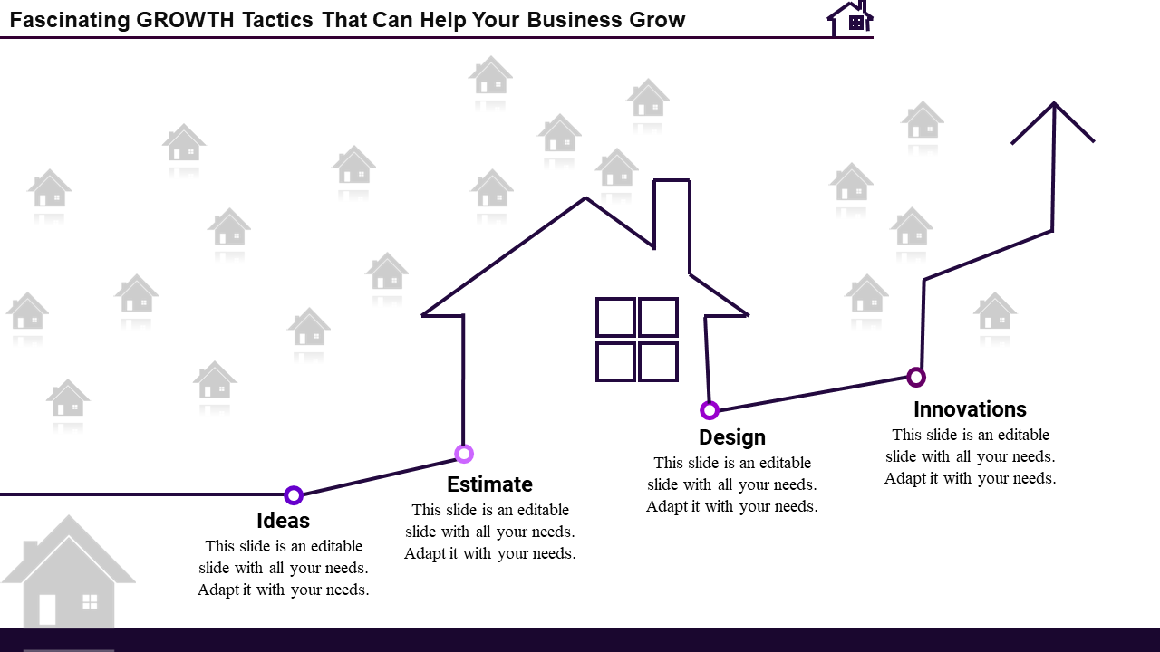 Business growth PPT slide featuring a house outline and growth path highlighting ideas, estimates, design, and innovations.