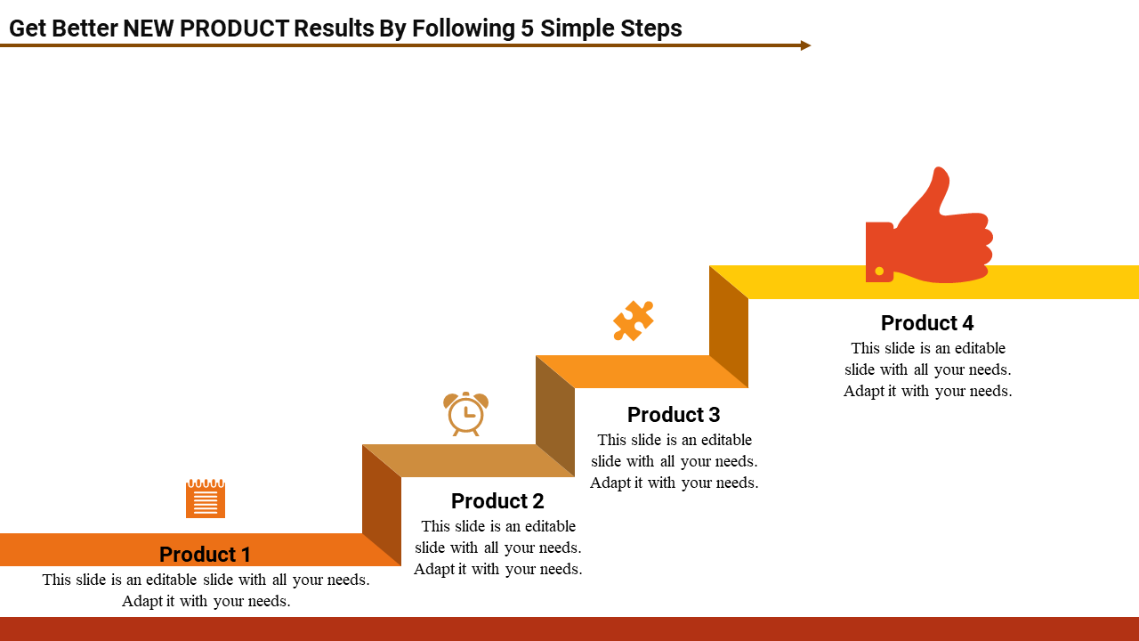 Four step staircase chart in orange and brown tones, with icons leading to a red thumbs up symbol at the top.