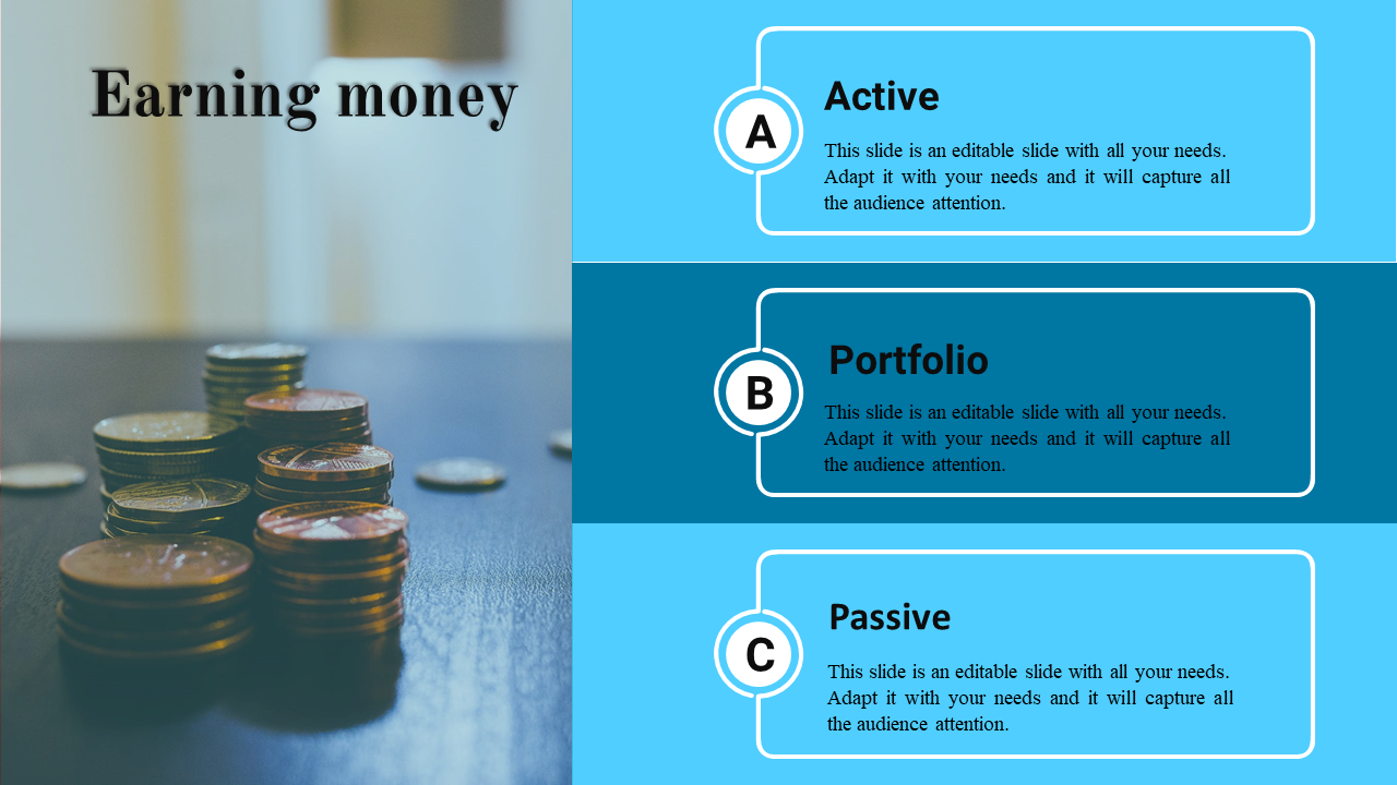 Earning money slide with three blue blocks for active, portfolio, and passive categories, alongside a coin stack image.