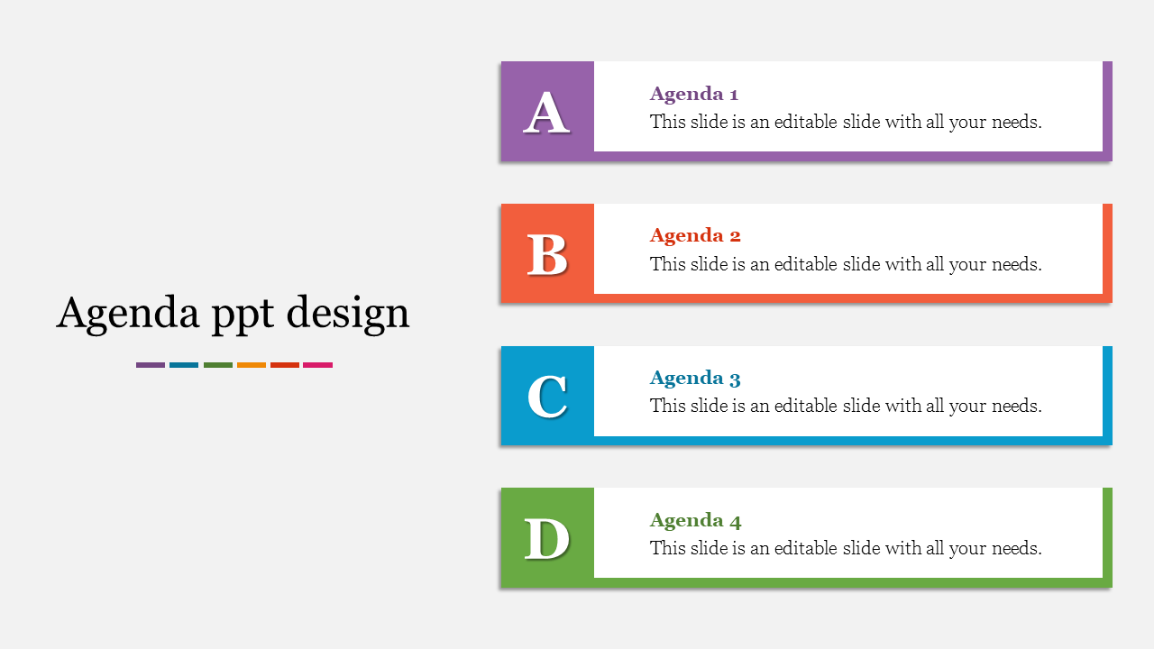 Agenda slide with four color-coded sections labeled A, B, C, and D, each with placeholder text and vibrant borders.