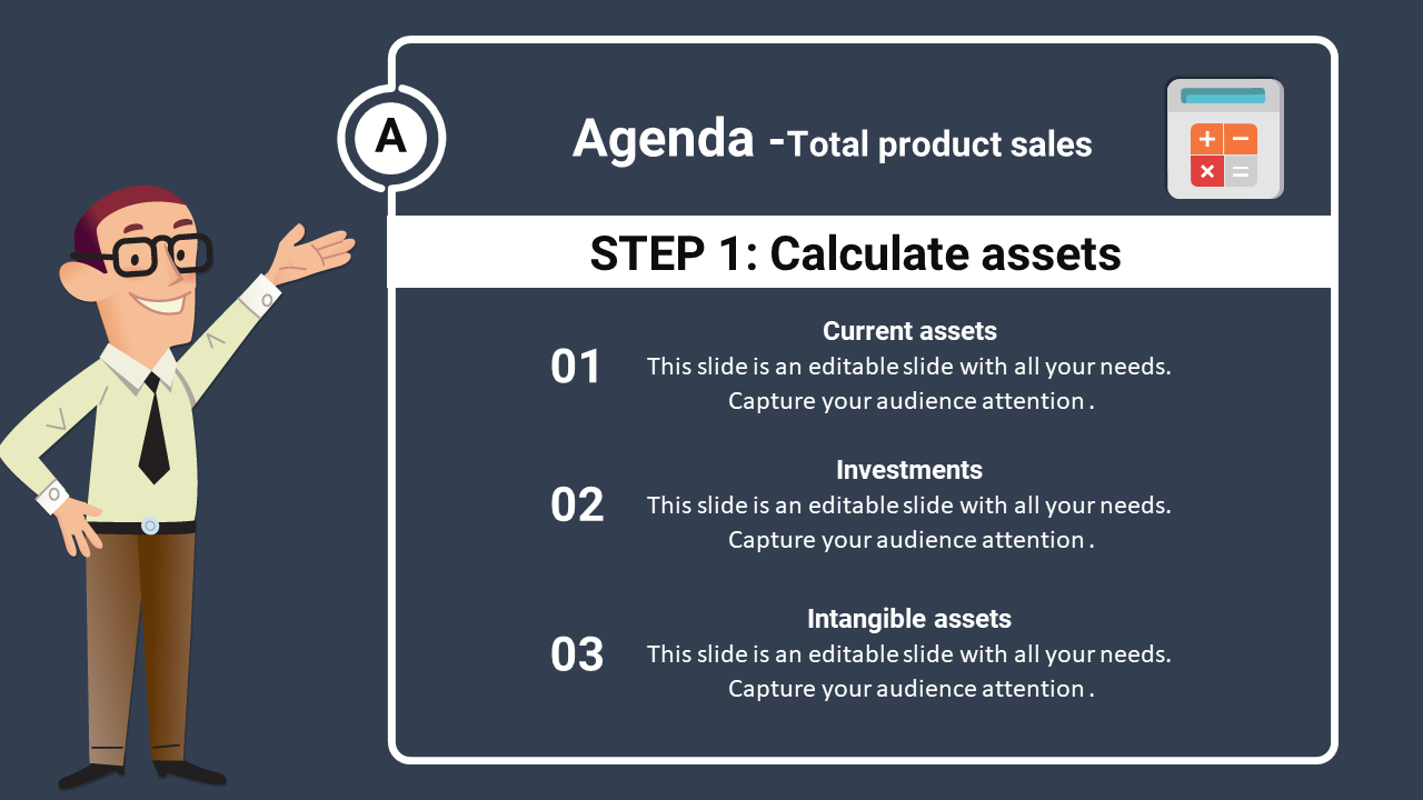 Modern agenda template with a step-by-step layout, a cheerful character illustration, and financial-related content.