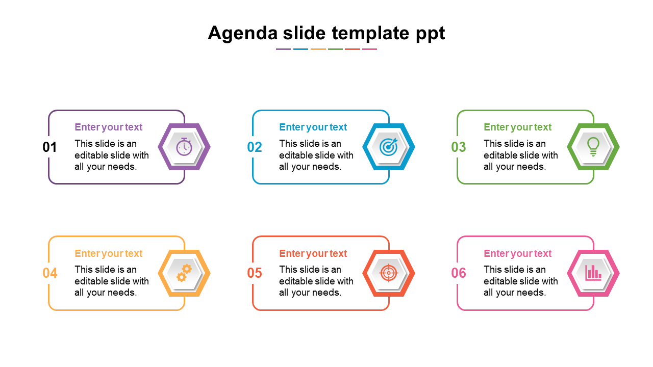 Colorful agenda slide with six hexagon shaped icons and text boxes for presentation topics.