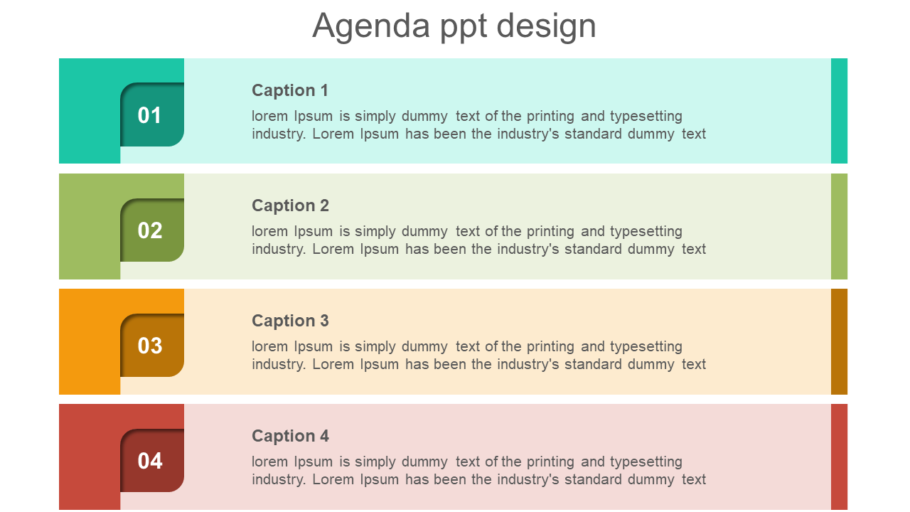 Colorful agenda slide with four captions, numbered 1 to 4, featuring teal, green, orange, and red segments.