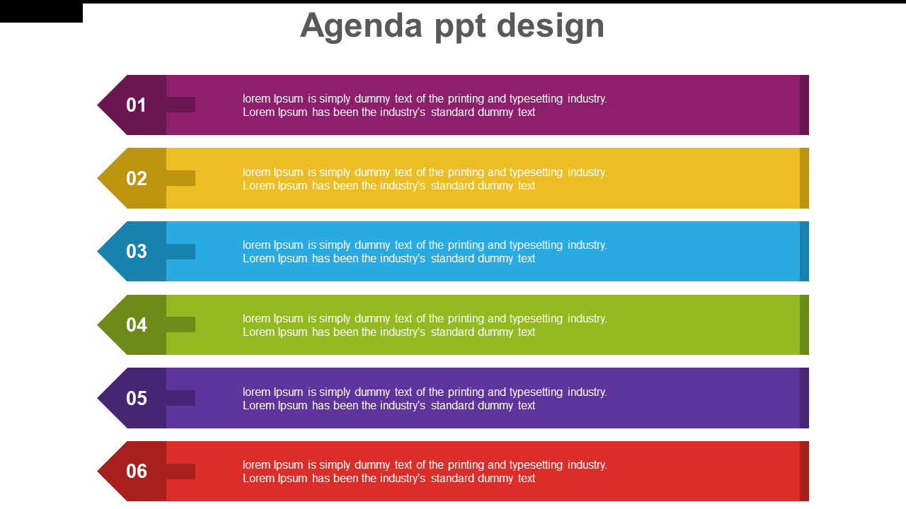 Horizontal agenda design with six color-coded sections, each numbered from 01 to 06 and containing placeholder text.