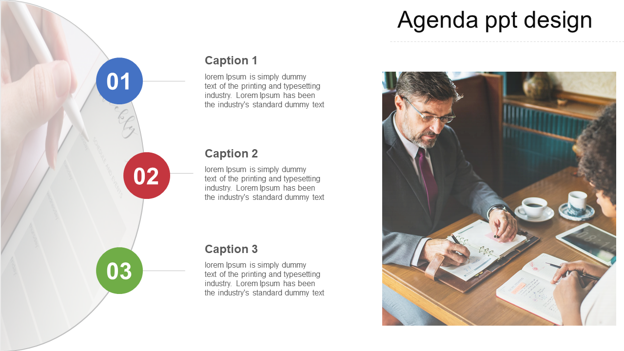 Agenda slide with numbered sections in blue, red, and green circles and a photo of two professionals reviewing notes.