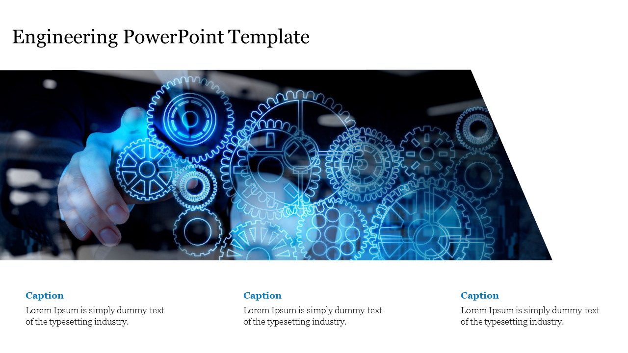 Blue toned image of interlocking gears with a hand interacting, overlaid on a dark background, with three captions below.