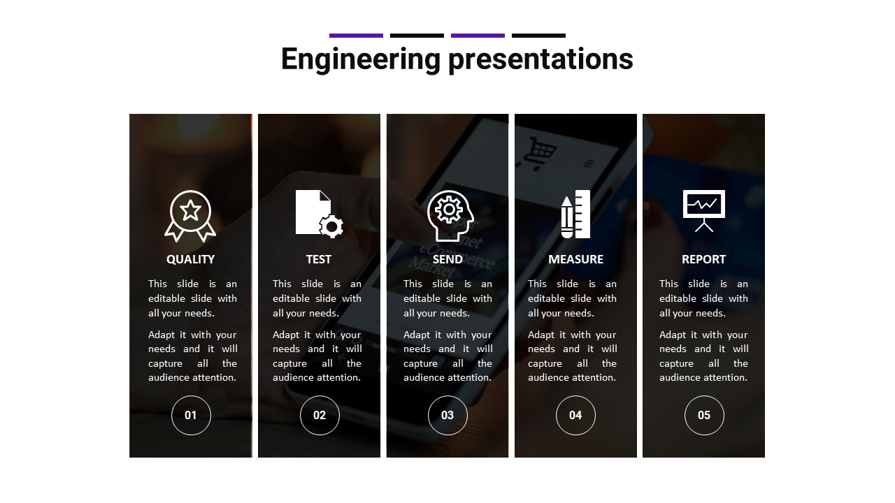 Five vertical panels with white icons and labels on a dark background, with numbered circles below.