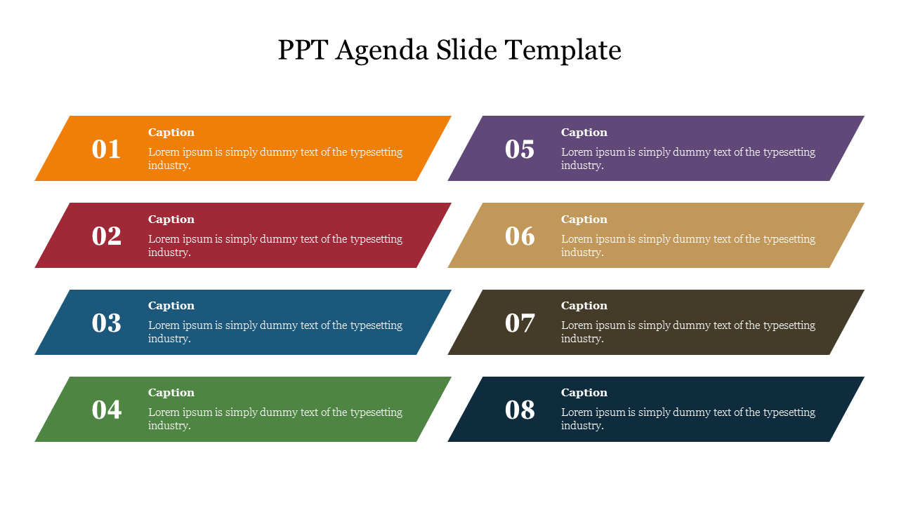 Horizontal layout with eight colorful banners numbered 01 to 08, each with captions in various shades like orange and green.