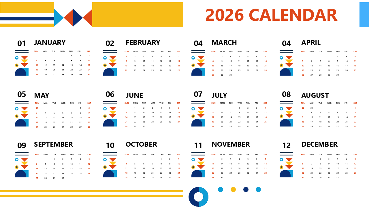 2026 Calendar slide with red, blue, yellow shapes, month blocks, and placeholders for events.