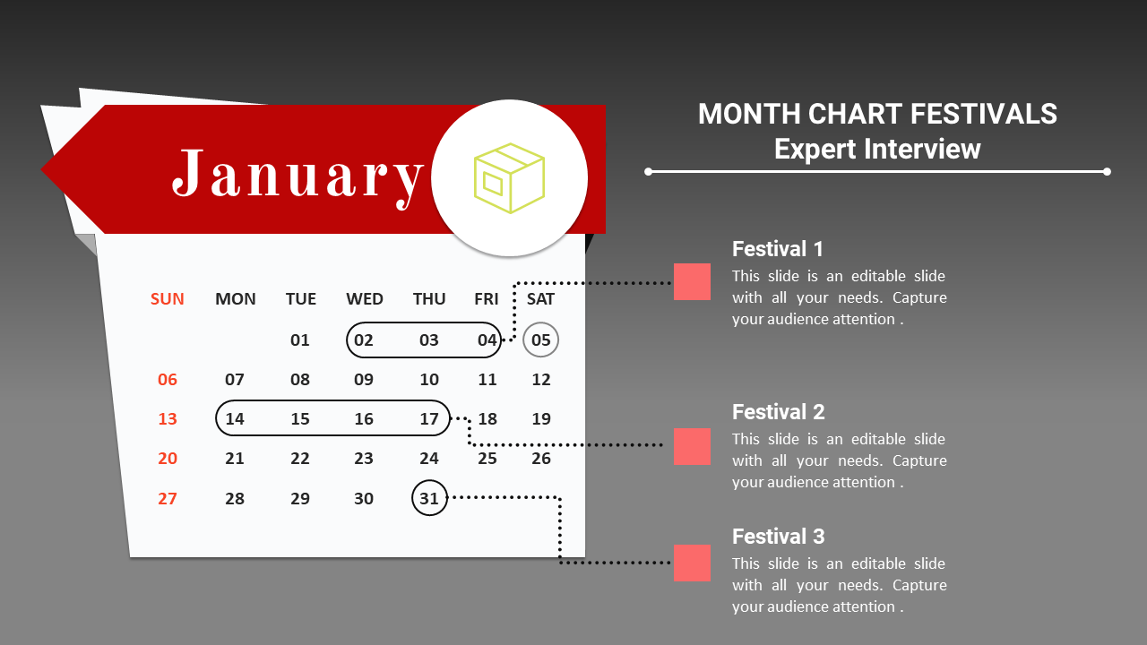 Gray background slide featuring a white calendar with red banner, and highlights for specific dates paired with pink nodes.