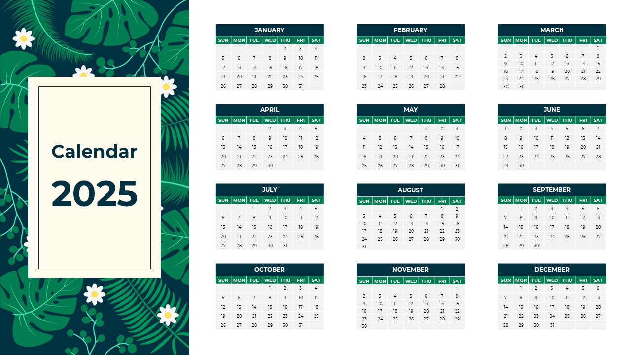 Full-year 2025 calendar in grid format, with a leafy floral design on the left and monthly layouts on the right.