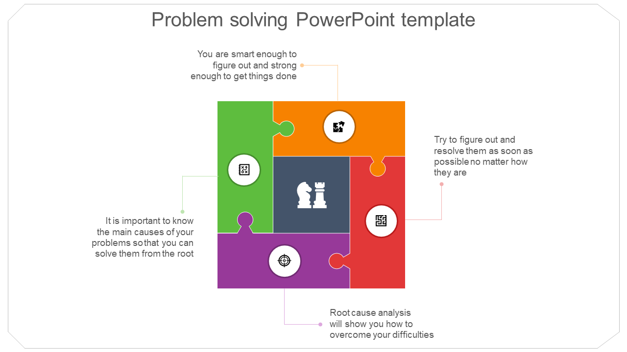 Colorful puzzle piece diagram illustrating problem solving steps such as icons and text descriptions.