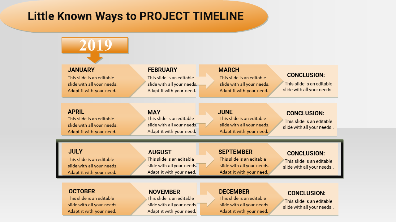 2019 project timeline layout with monthly sections and conclusions, featuring orange and beige arrow shapes.