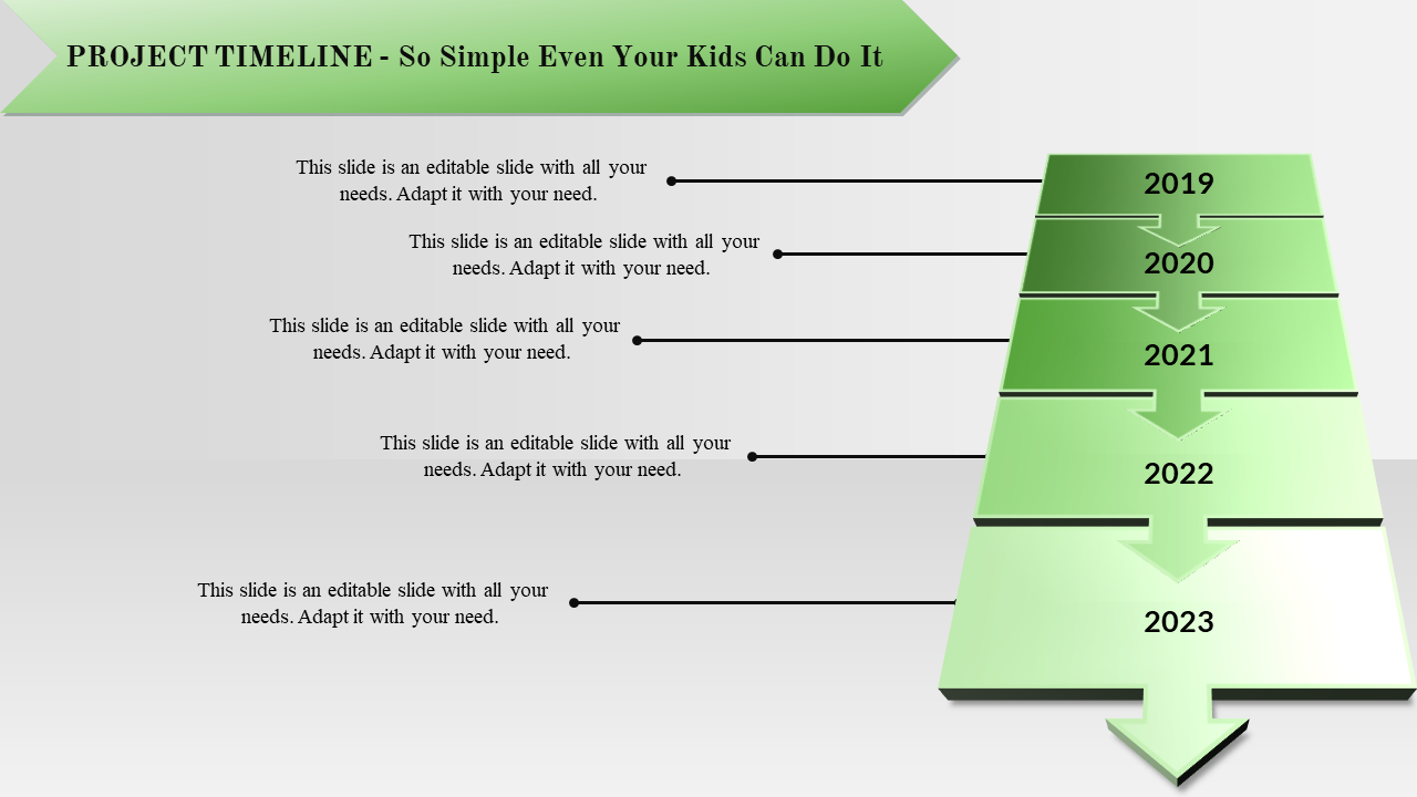 Green themed project timeline PowerPoint template with steps labeled from 2019 to 2023 and placeholders for text.