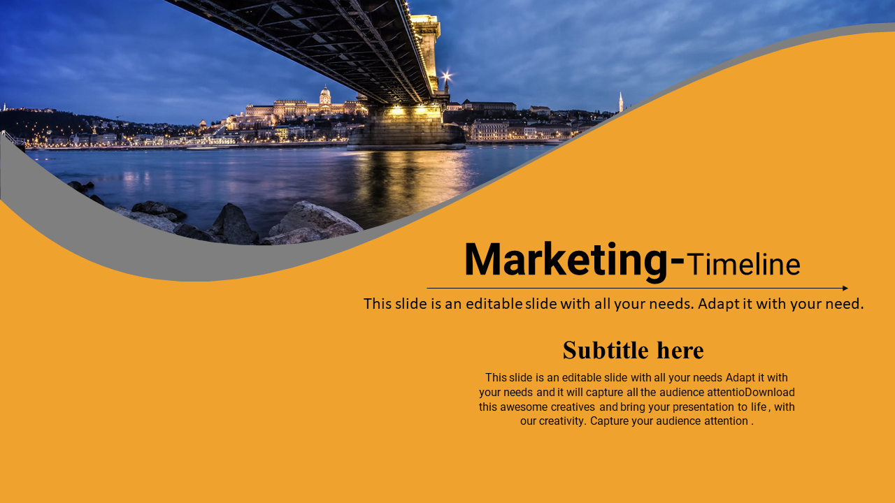 Marketing project plan timeline PowerPoint slide with a scenic cityscape under a bridge and an orange and gray layout.