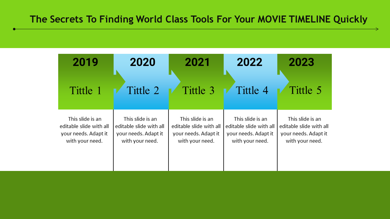 Timeline template with green and blue arrows marking key milestones labeled from 2019 to 2023 with placeholder text.